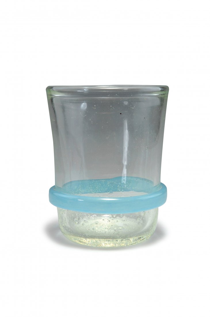 Vase, c1930: Verreries Schneider, Epinay-sur-Seine. Vase, c1930. H. 17 cm. Clear, bubbly glass, applied ribbon with blue powder inclusions. Signed: CHARDER.