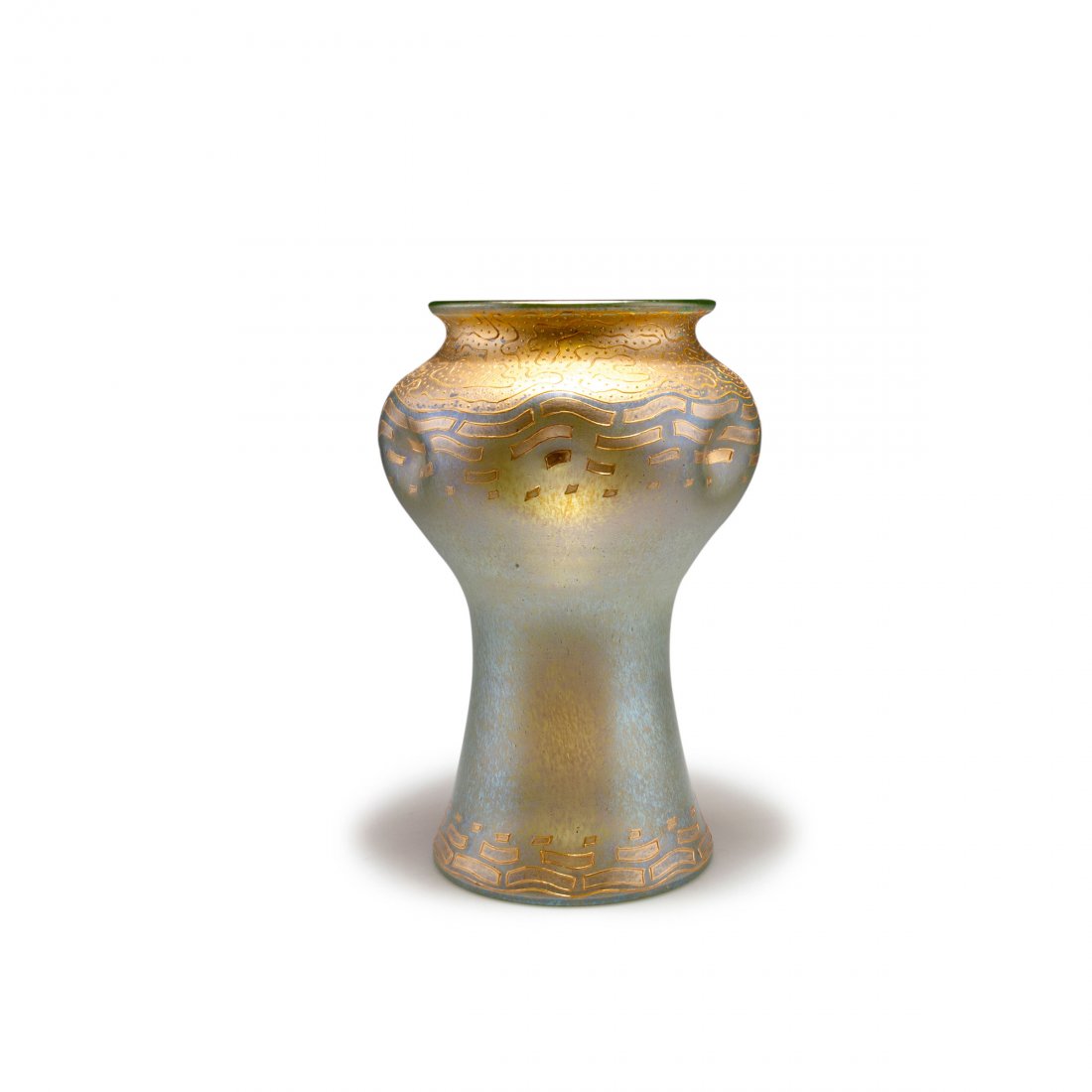 Vase with relief gold, c1898: Loetz, Klostermuehle. Vase with relief gold, c1898. H. 28.4 cm. Clear glass, fused silver-yellow crushed glass, matt mother of pearl lustre. Relief gold.