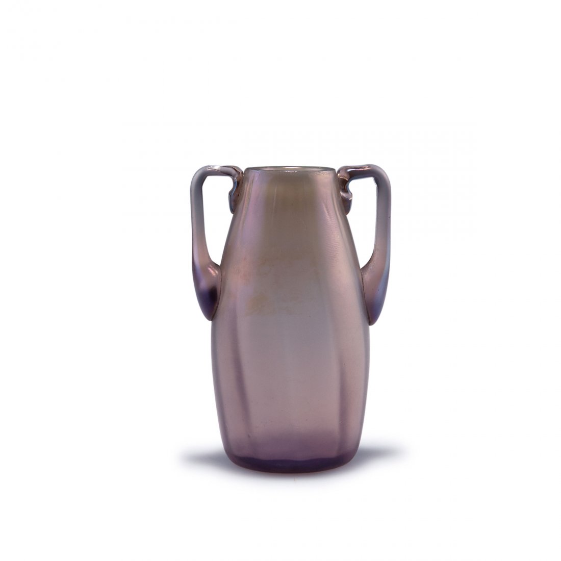 Small 'Olympia' vase with handles, 1896: Loetz, Klostermuehle. Small 'Olympia' vase with handles, 1896. H. 9.2 cm. Clear milky and purple glass, matt lustre, ribbed.