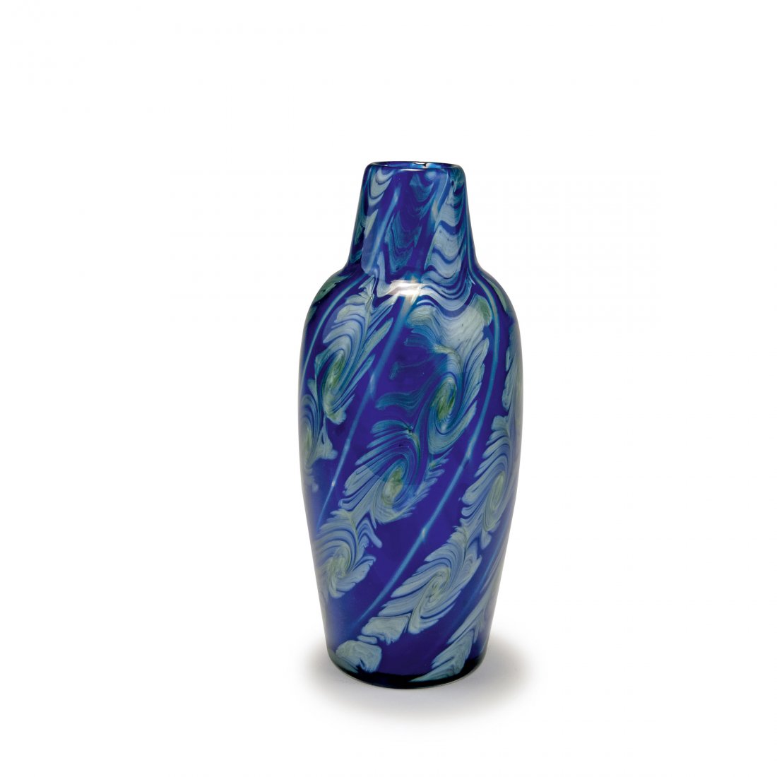 'Titania' vase, 1911: Loetz, Klostermuehle. 'Titania' vase, 1911. H. 18.9 cm. Designed by Franz Hofstoetter (attributed). Cased glass, blue and clear. Titania pattern, combed silver threads.