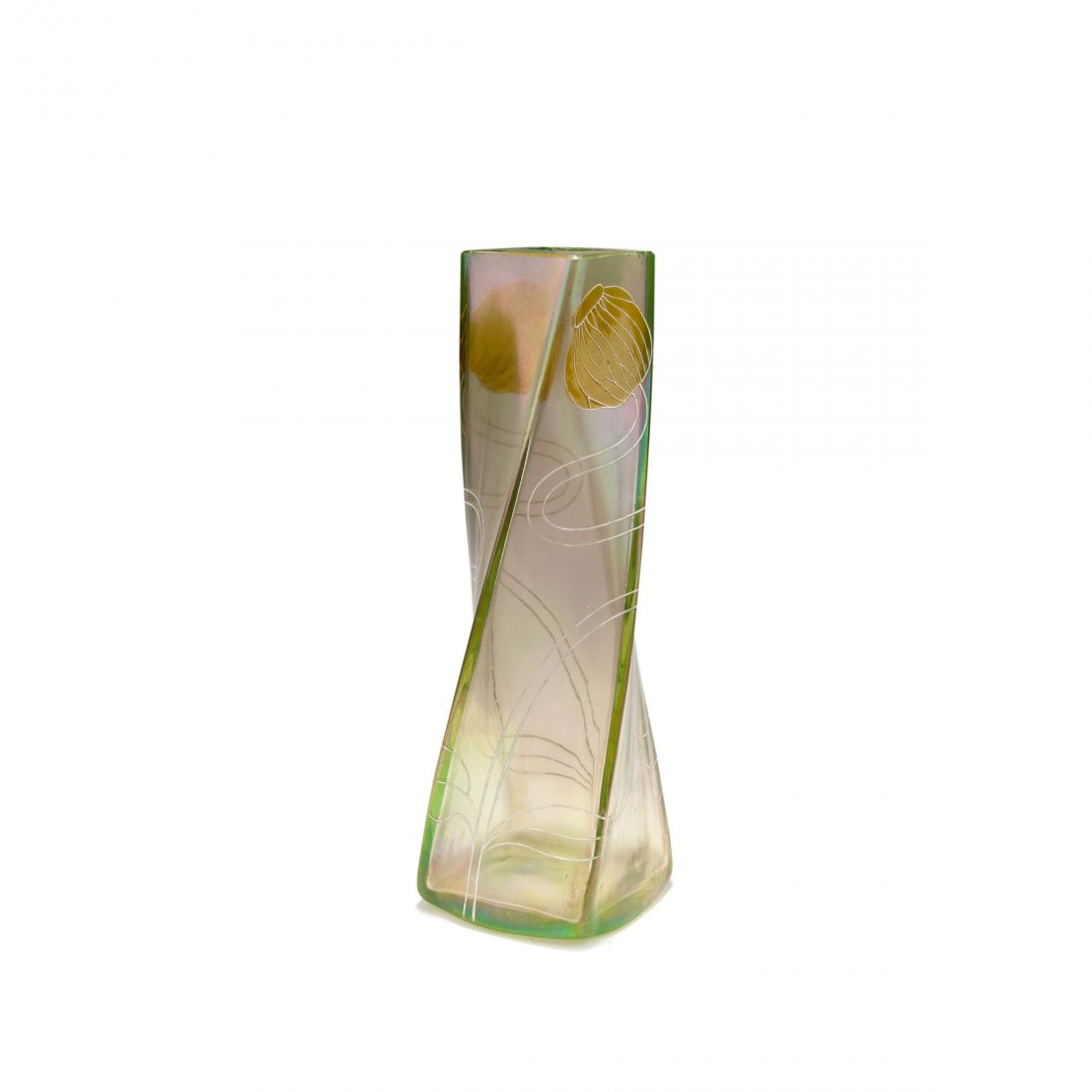 Vase, c1900: Ludwig Suetterlin. Vase, c1900. H. 26 cm. Made by Fritz Heckert, Petersdorf. Green, slightly iridescent glass, enamelled poppy pattern, white and yellow.