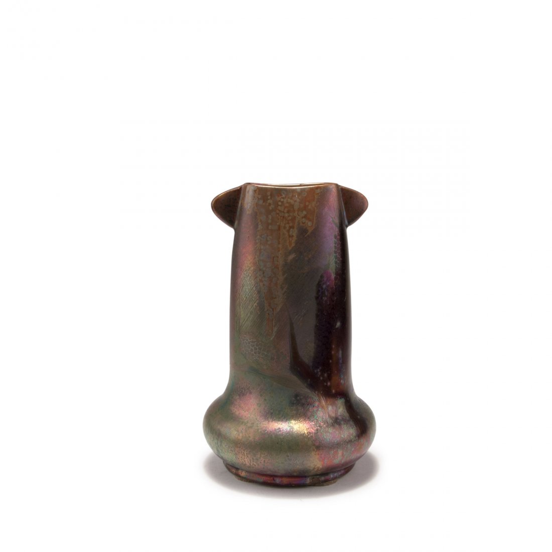 Vase, c1890: Clement Massier, Golfe-Juan. Vase, c1890. H. 22.5 cm. Earthenware, lustre glaze, purple, green and gold. Stylised flowers. Marked: CLEMENT MASSIER GOLFE-JUAN A.M.