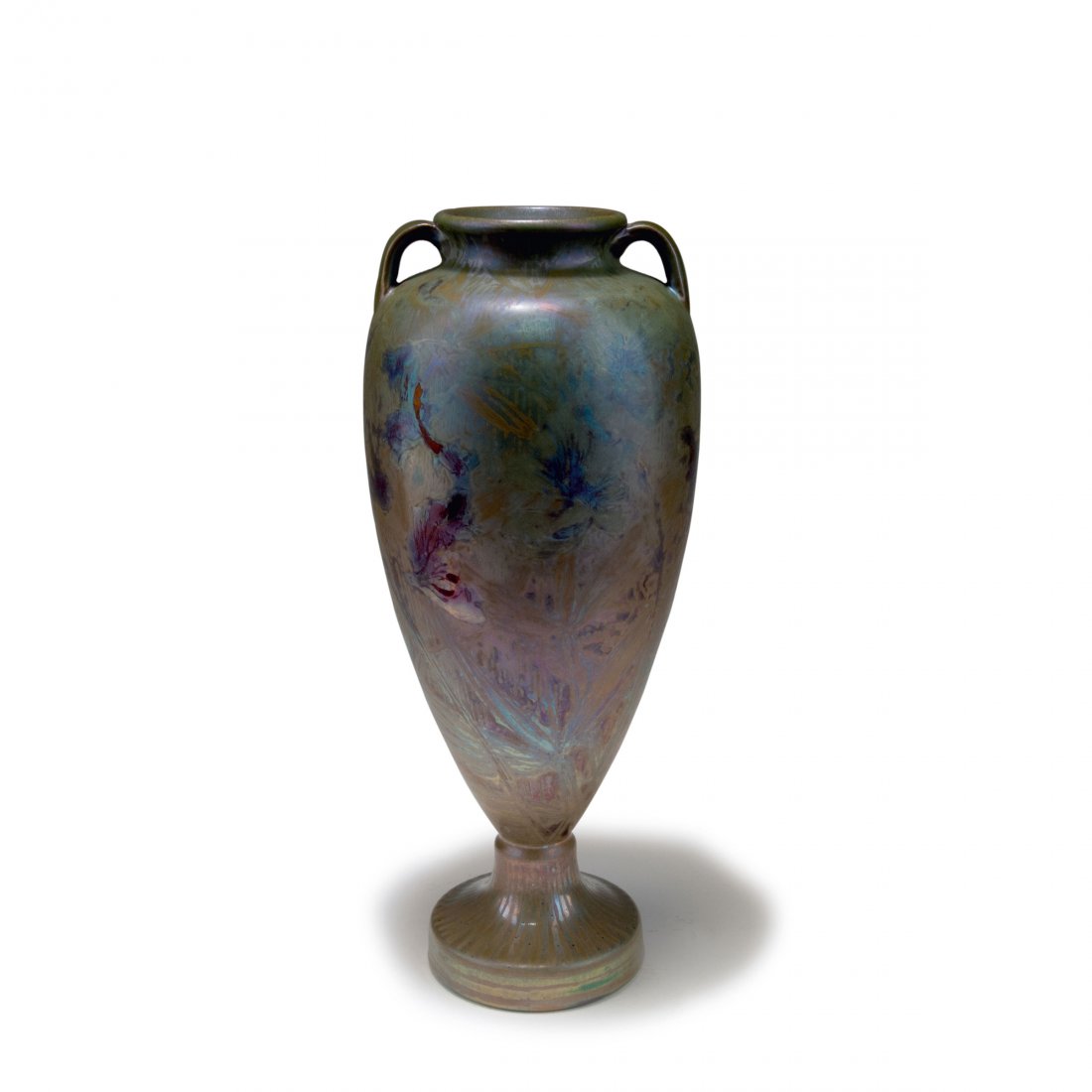 'Amphore Etrusque' vase, c1890: Clement Massier, Golfe-Juan. 'Amphore Etrusque' vase, c1890. H. 35 cm. Pattern by Maurice Alexandre. Earthenware, lustre glaze, brown, green and purple. Flower pattern. Marked: MA, CLEMENT MASSIER, GO