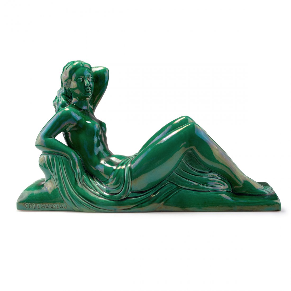 Reclining nude, c1925: Charles Lemanceau. Reclining nude, c1925. H. 31 cm, 55 x 15 cm. Made by Manufacture de Saint-Clement. Earthenware, glazed green. Marked: Ch. LEMANCEAU, 8597, SC FRANCE.