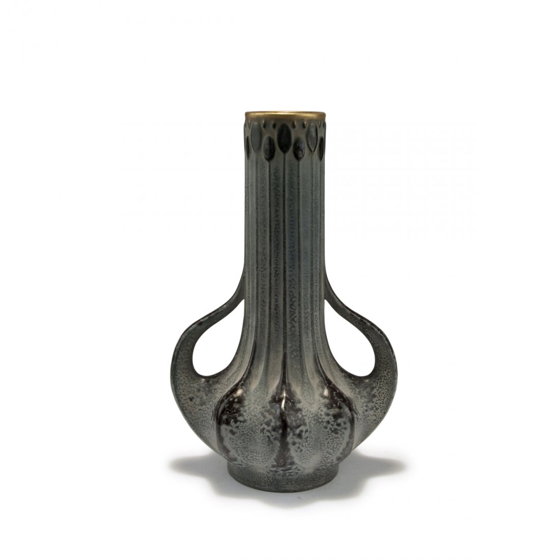 Vase with handles, c1902: Paul Dachsel, Turn-Teplitz. Vase with handles, c1902. H. 32 cm. Earthenware, glazed grey and black. Gold hue. Marked: Maker's mark, 1051, 10.