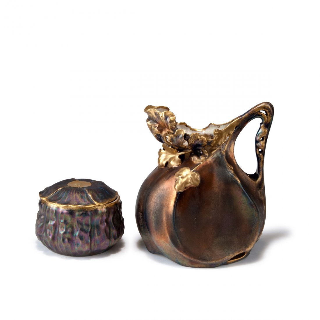 Jug and box, 1920s: Carl Knoll, Fischern. Jug and box, 1920s. H. 19.3 cm; H. 8 cm. Earthenware, polychromatic glaze, gold hue. Marked: Maker's marks, incised model nos.