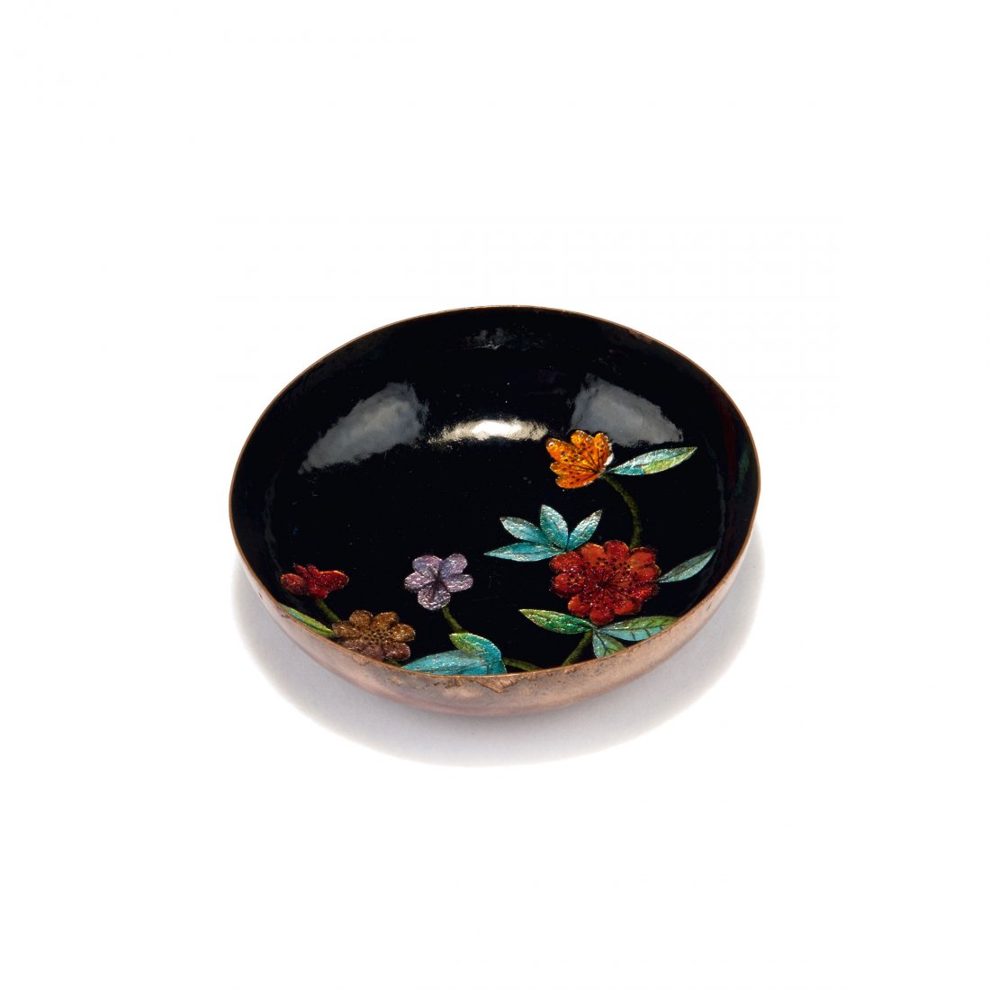 Small dish, c1925: Maria Likarz. Small dish, c1925. H. 2.8 cm, D. 11 cm. Made by Wiener Werkstaette. Copper, silverfoil, polychromatic enamel. Signed: WW, artist's monogramme.