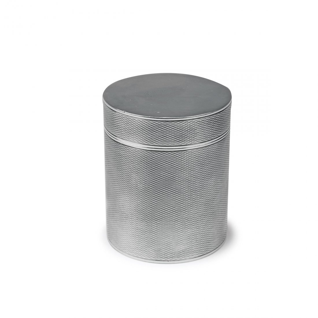 Box, c1925: Jean Emile Puiforcat, Paris. Box and cover, c1925. H. 7.5 cm, D. 6.1 cm. Silver. Marked: head of Minerva, maker's mark EP in a lozenge (2x), PUIFORCAT PARIS.