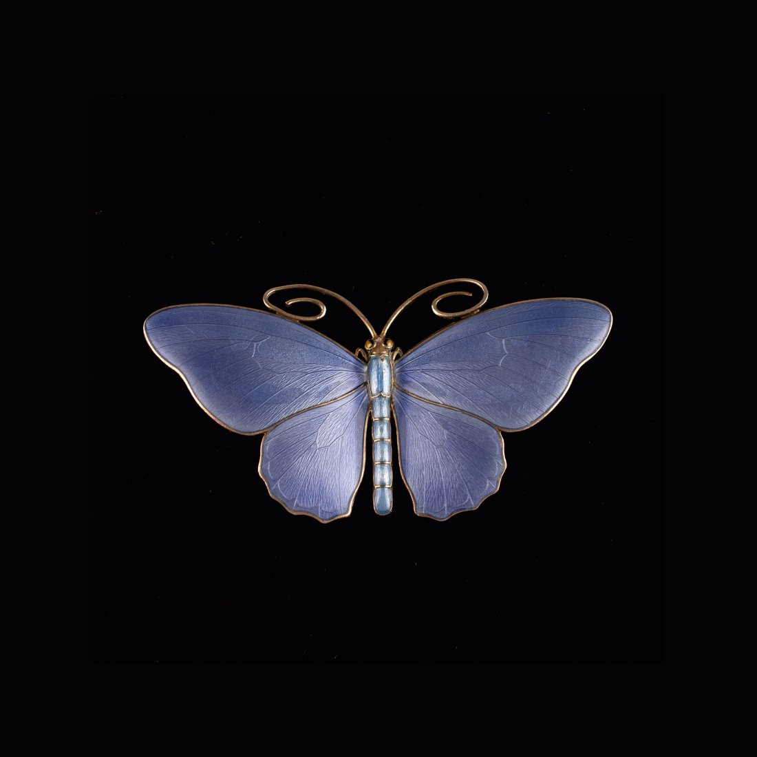 'Butterfly' brooch, c1920: Marius Hammer, Bergen. 'Butterfly' brooch, c1920. 8 x 4 cm. Silver, guilloche ground, purple enamel. Marked: MT 930 S.