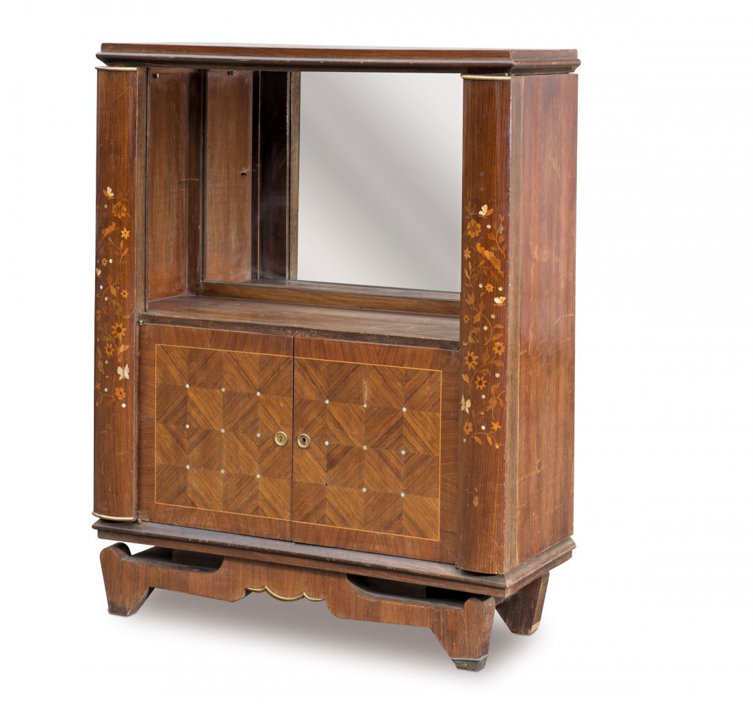 Liquor cabinet, 1940s: Jules and Andre Leleu (attr.). Liquor cabinet, 1940s. H. 143 cm, 111 x 42 cm. Rosewood veneer, inlays of fruit wood and mother of pearl with birds, butterflies and flowers. Parqueted doors. Brass fitt