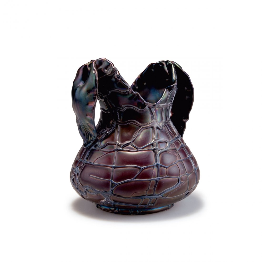 Vase with handles, 1900-03: Elisabeth Glassworks, Pallme-Koenig & Habel, Kosten near Teplice. Vase with handles, 1900-03. H. 18.5 cm. Cased glass, ruby red and clear, white threads, lustre.