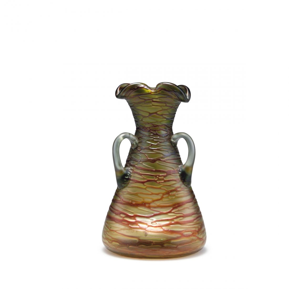 Vase with handles, 1900-05: Elisabeth Glassworks, Pallme-Koenig & Habel, Kosten near Teplice. Vase with handles, 1900-05. H. 18.8 cm. Cased glass, clear and green, dense red threads, matt lustre.
