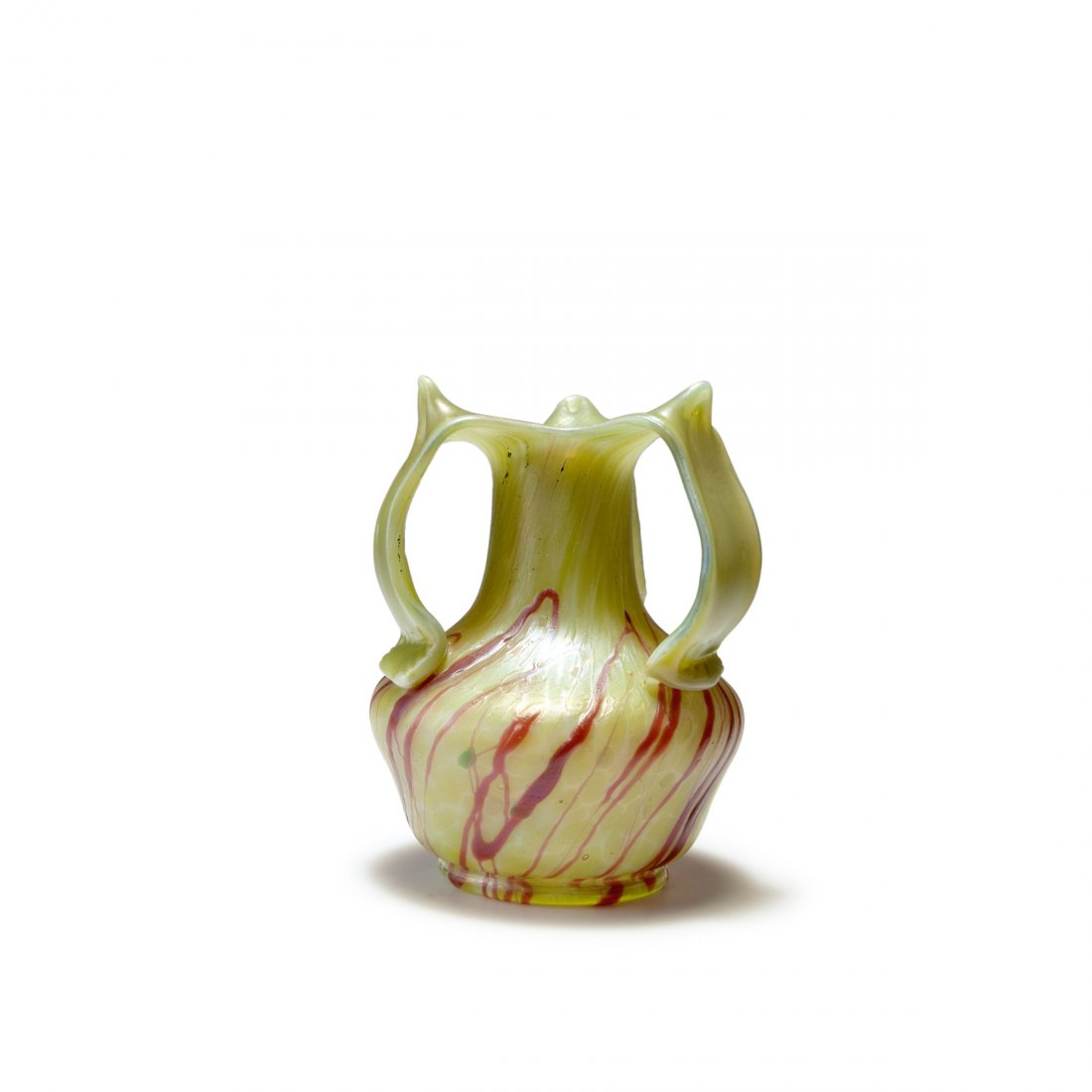 Vase with handles, 1900-05: Elisabeth Glassworks, Pallme-Koenig & Habel, Kosten near Teplice. Vase with handles, 1900-05. H. 17 cm. Cased glass, opal pale blue and clear, crushed green glass, red threads, matt lustre.