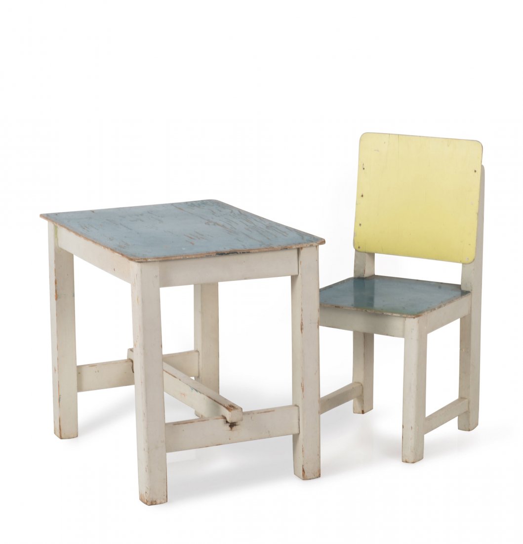 Child's table and chair, c1930: Haagse School. Child's table and chair, c1930. Table: H. 50 x 57.5 x 42.3 cm; chair: H. 65 x 30.5 x 37.7 cm. Wood, plywood, painted white, blue and yellow.