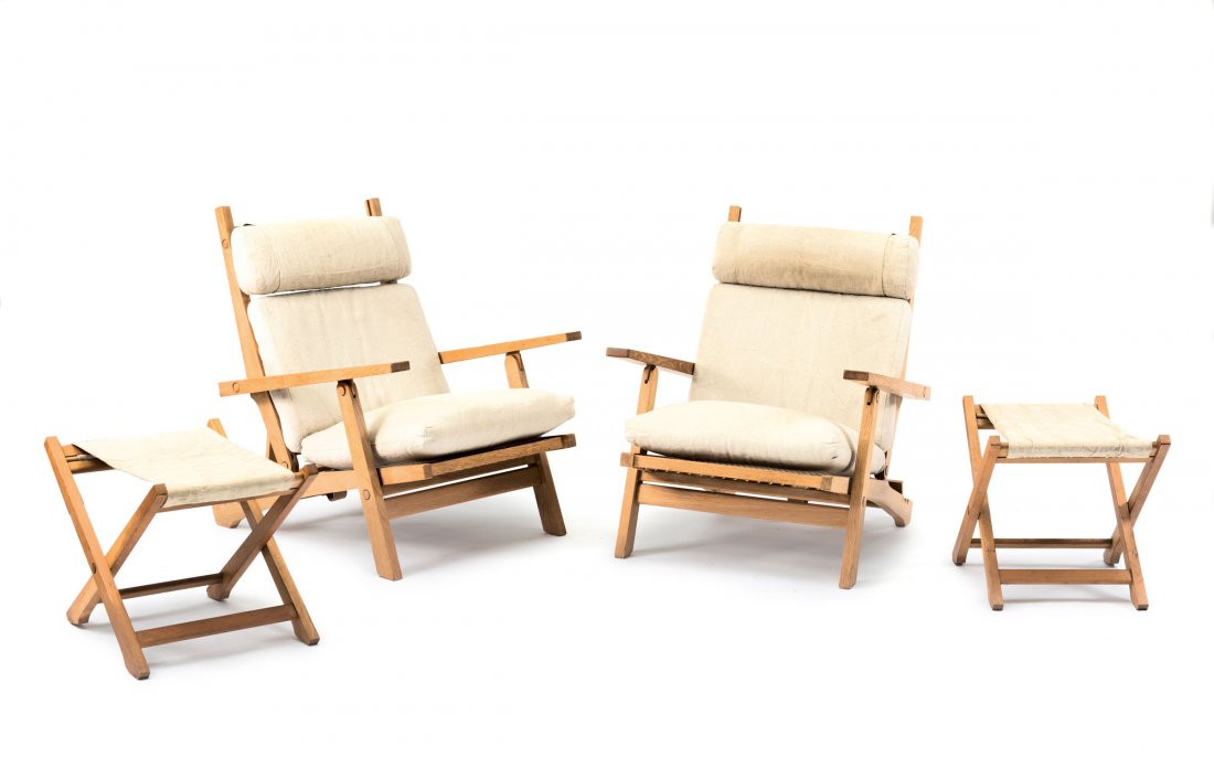 Two 'AP-71' folding chairs and folding stools, 1968: Hans J. Wegner. Two 'AP-71' folding chairs and folding stools, 1968. Folding chairs: H. 90-97 x 76.5 x 90-100.5 cm; folding stools: H. 48.5 x 60.5 x 46.5 cm. Made by AP M_bler, Copenhagen. Oak, pale l