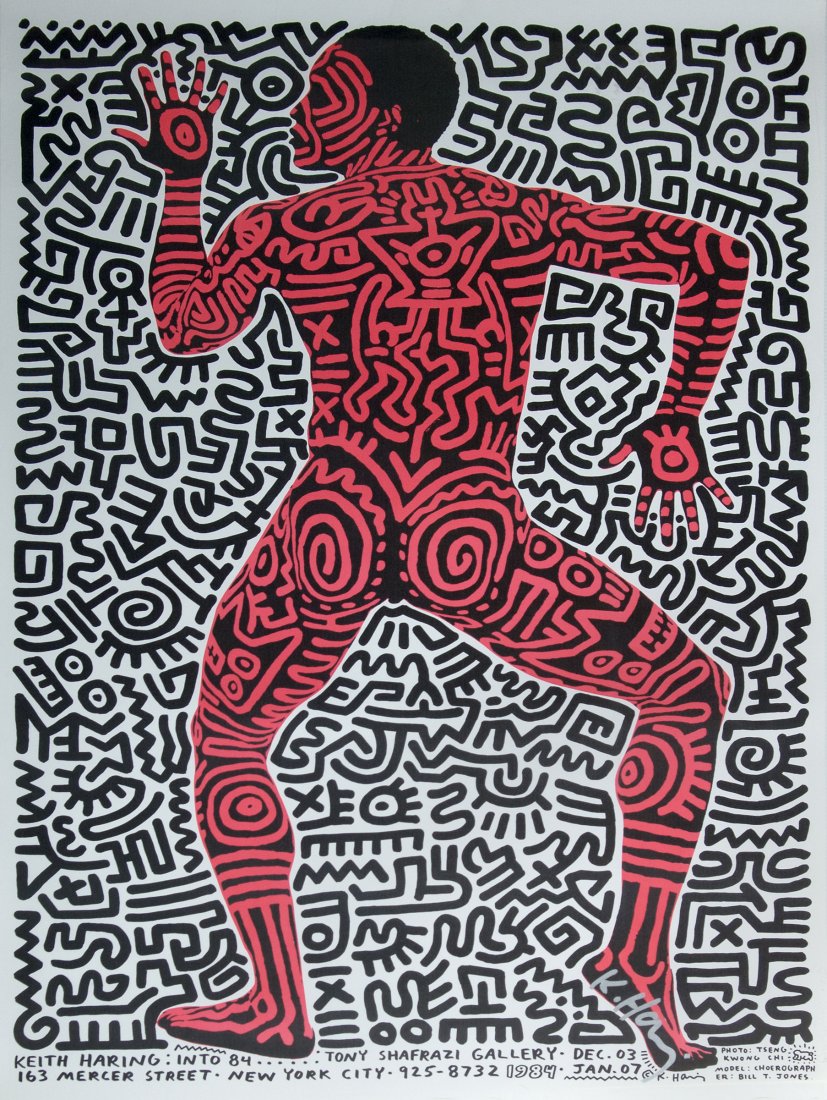 'Into 84', 1984: Keith Haring. 'Into 84', 1984. Colour offset on laid paper. 89.1 x 58.7 cm. Signed: K. Haring, dated 1984, inscribed.
