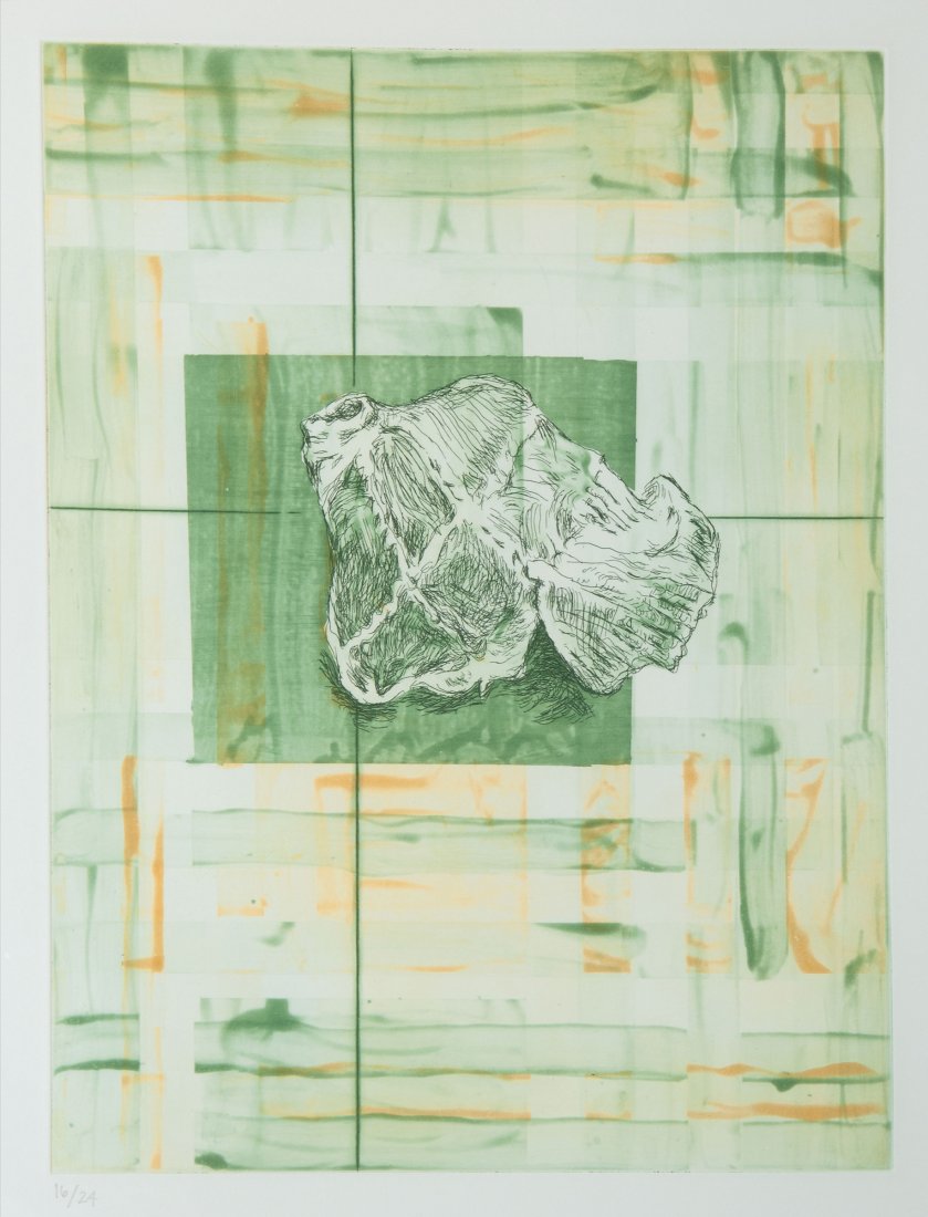 'Head', c1980: Martin Kippenberger. 'Head', c1980. Colour etching. 39.0 x 290 cm (depiction), 56.5 x 43.0 cm (paper). Numbered (pencil). No. 16 from an edition of 24. Glass frame.