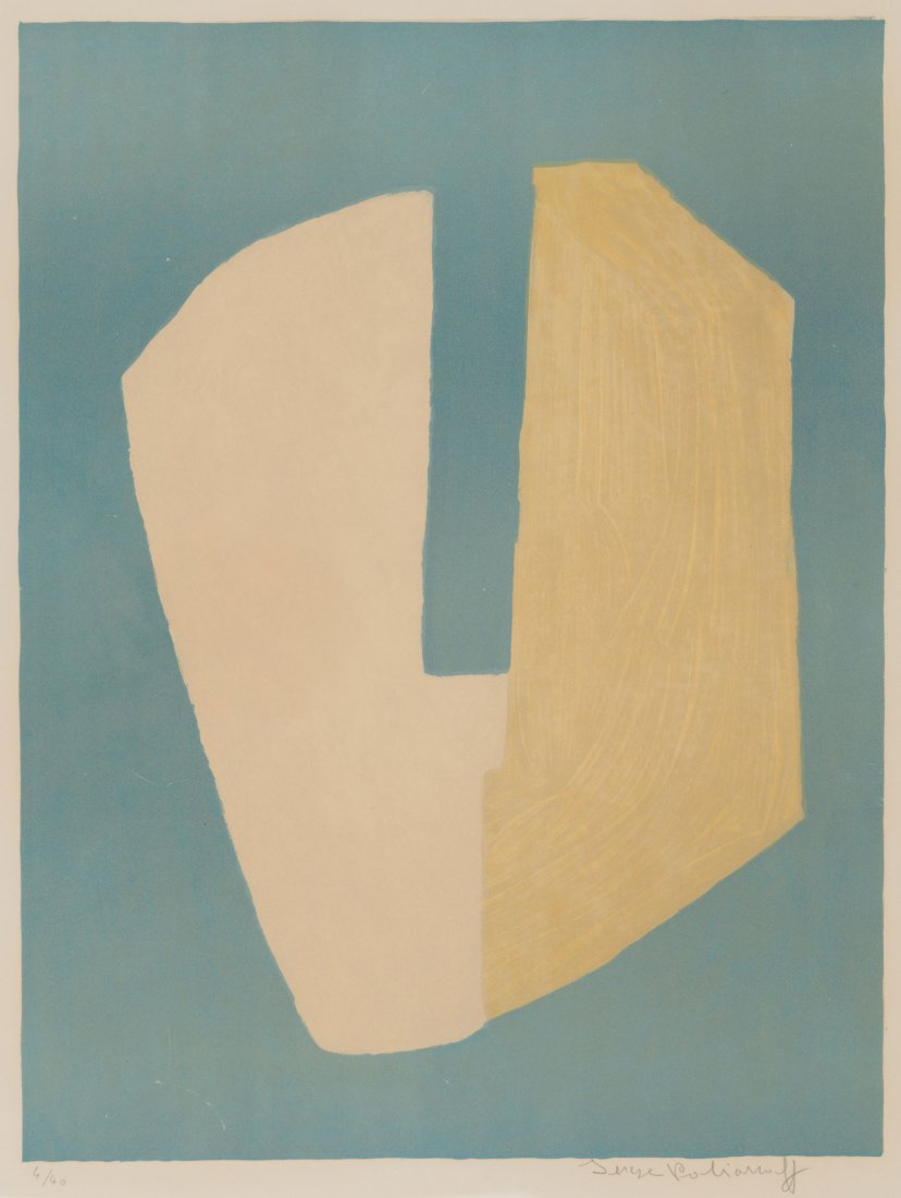 'Composition Jaune et Bleue', 1968: Serge Poliakoff. 'Composition Jaune et Bleue', 1968. Colour lithograph on Arches vellum. 63.5 x 48.0 cm (depiction), 74.5 x 54.0 cm (paper). Signed: Poliakoff, numbered (pencil). No. 4 from an edition