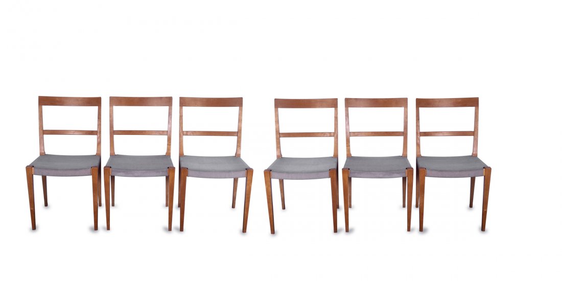 Bruno Mathsson. Six 'Mimat 401' chairs, 1932. H. 84.5 x: Bruno Mathsson. Six 'Mimat 401' chairs, 1932. H. 84.5 x 46.5 x 53 cm. Made by SW Mathsson International, Vaernamo. Birchwood, linen. Marked: Maker's stamp.