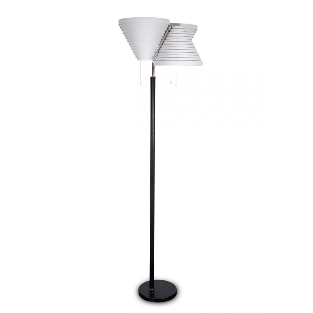 Alvar Aalto. 'A 809' floor light, 1950s. H. 168 cm, D.: Alvar Aalto. 'A 809' floor light, 1950s. H. 168 cm, D. 27.5 cm. Made by Valaistustyoe Ky, Helsinki. Sheet metal, painted white, brass, black leather.