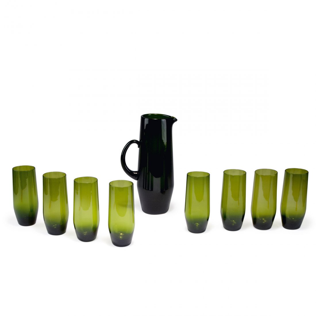 Gunnar Ander. Lemonade jug and eight glasses, c1960.: Gunnar Ander. Lemonade jug and eight glasses, c1960. Jug: H. 28.4 cm; glasses: H. 15.8 cm. Made by Lindshammar, Sweden. Green glass.