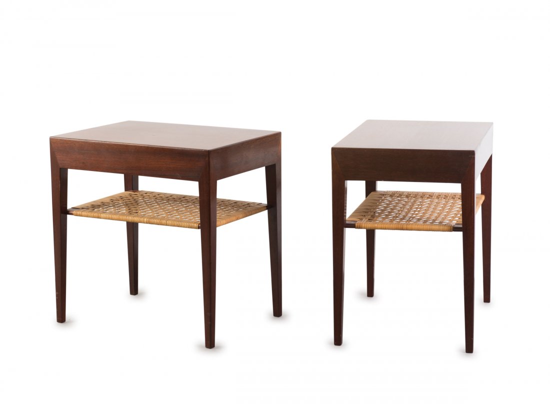 Severin Hansen jr. Two bedside tables, c1960. H. 50 x: Severin Hansen jr. Two bedside tables, c1960. H. 50 x 50 x 35 cm. Made by Haslev MËbelsnedkeri, Denmark (attributed). Wooden construction, mahogany veneer, maple veneer inside, wickerwork.
