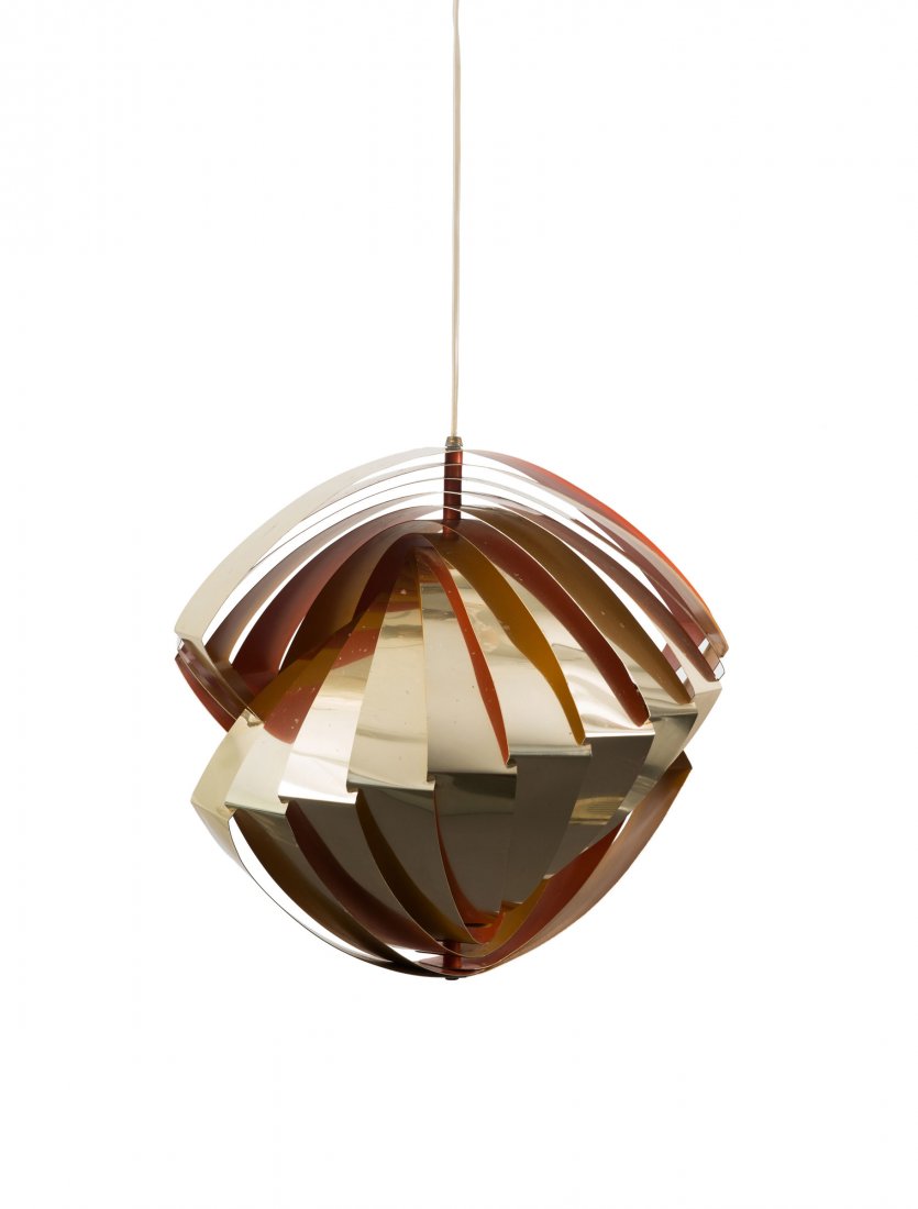 Louis Weisdorf. 'Konkylie - P483' pendant light, c1967.: Louis Weisdorf. 'Konkylie - P483' pendant light, c1967. H. 37.5 cm, D. 39 cm. Made by Lyfa, Ballerup. Metal lamellae, brass-plated, inside orange and curry yellow. Marked: MADE IN DENMARK.