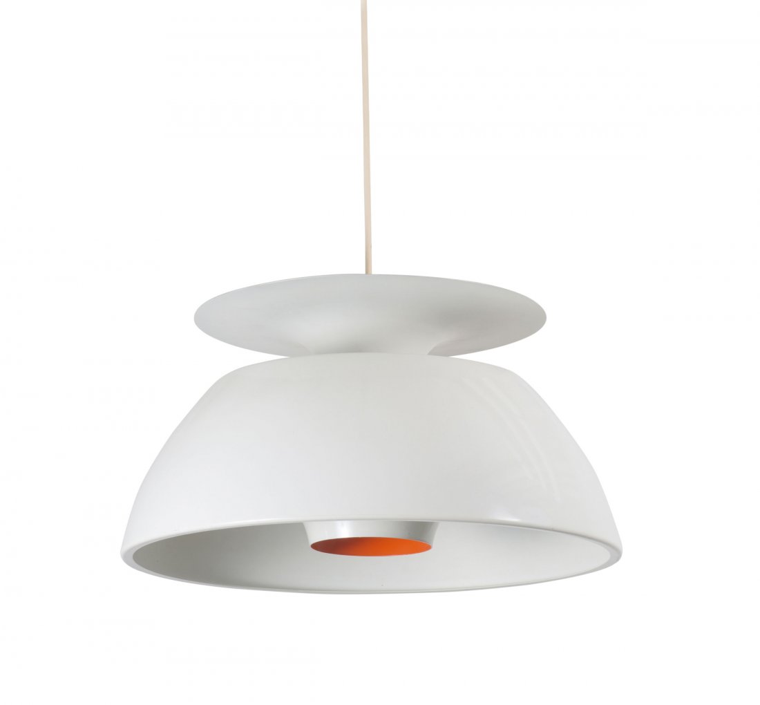 JËrgen HËj. 'Jutlandia - A-102' pendant light, 1974. H.: JËrgen HËj. 'Jutlandia - A-102' pendant light, 1974. H. 24.5 cm, D. 42 cm. Made by Holmegaard. Sheet metal, painted white and orange.