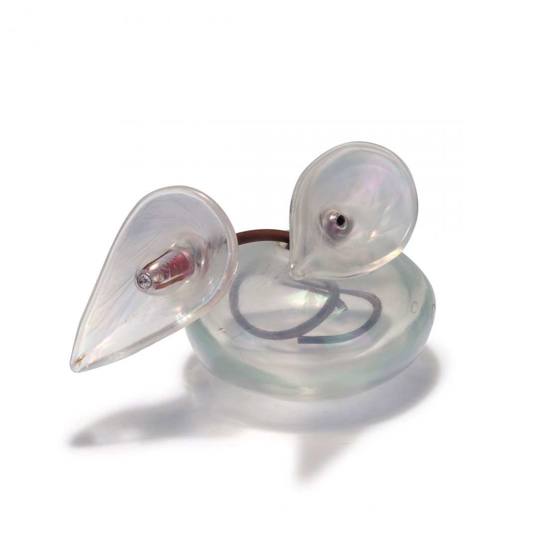 Giorgio Vigna. 'Fuochi d'aqua' vase, 2003. H. 17 cm: Giorgio Vigna. 'Fuochi d'aqua' vase, 2003. H. 17 cm (all, circa). Clear glass, iridescent, flowers on bent copper staffs. Marked: venini 2003 Giorgio Vigna (engraved), round maker's label.