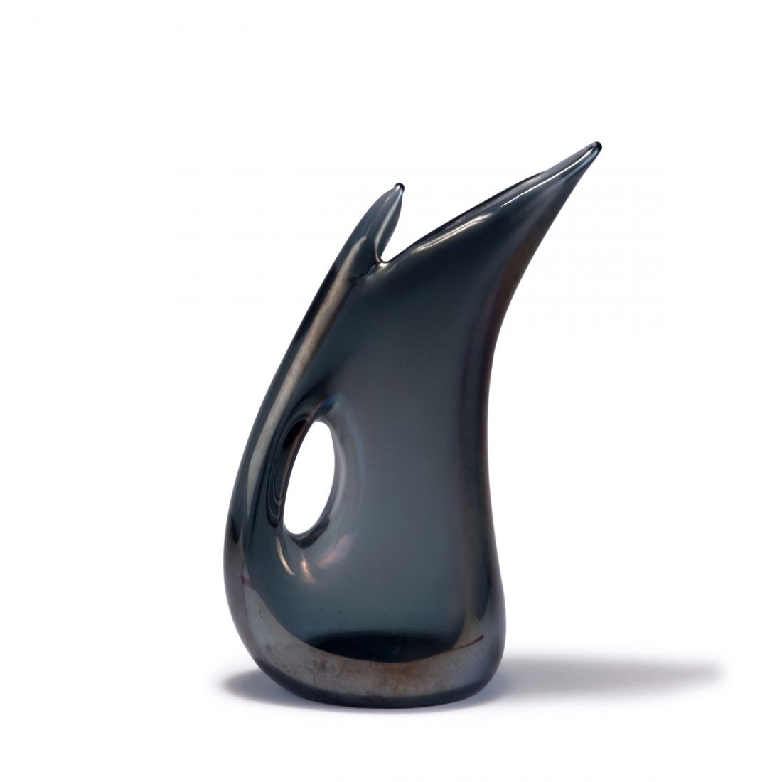 Giorgio Ferro. 'Anse volante' vase, c1952. H. 33.6 cm.: Giorgio Ferro. 'Anse volante' vase, c1952. H. 33.6 cm. Made by A.Ve.M. Clear glass, petrol matt lustre.