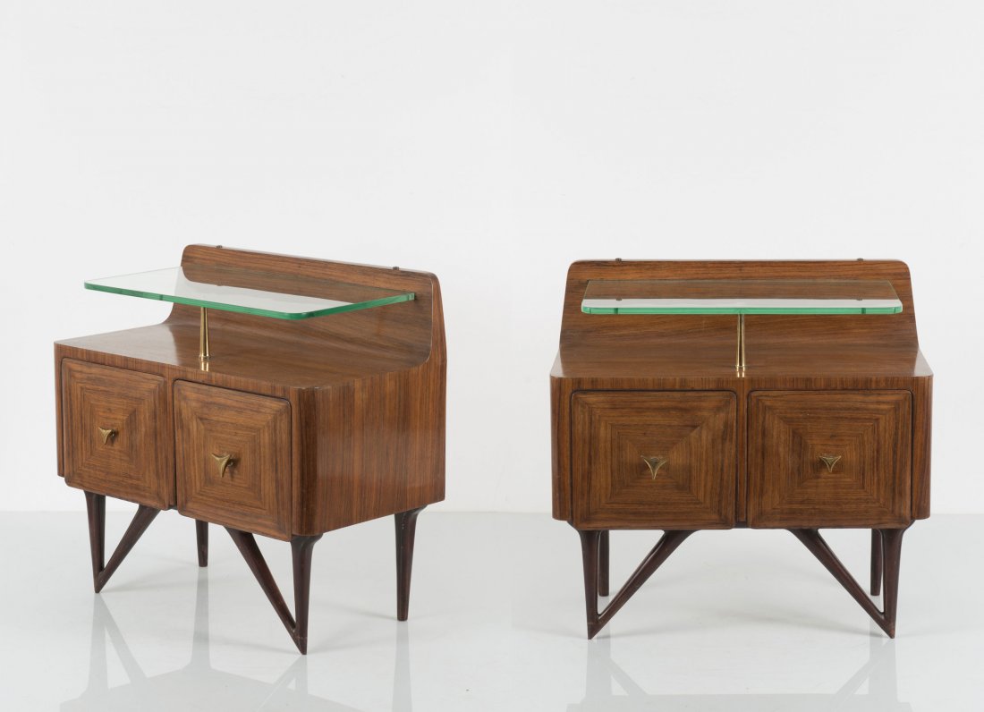 Vittorio Dassi (attributed). Two night stands, 1940s.: Vittorio Dassi (attributed). Two night stands, 1940s. H. 58 x 60 x 33 cm. Made by Dassi Mobili Moderni, Lissone (attributed). Blockboard, nut veneer, feet mahogany-stained, glass.