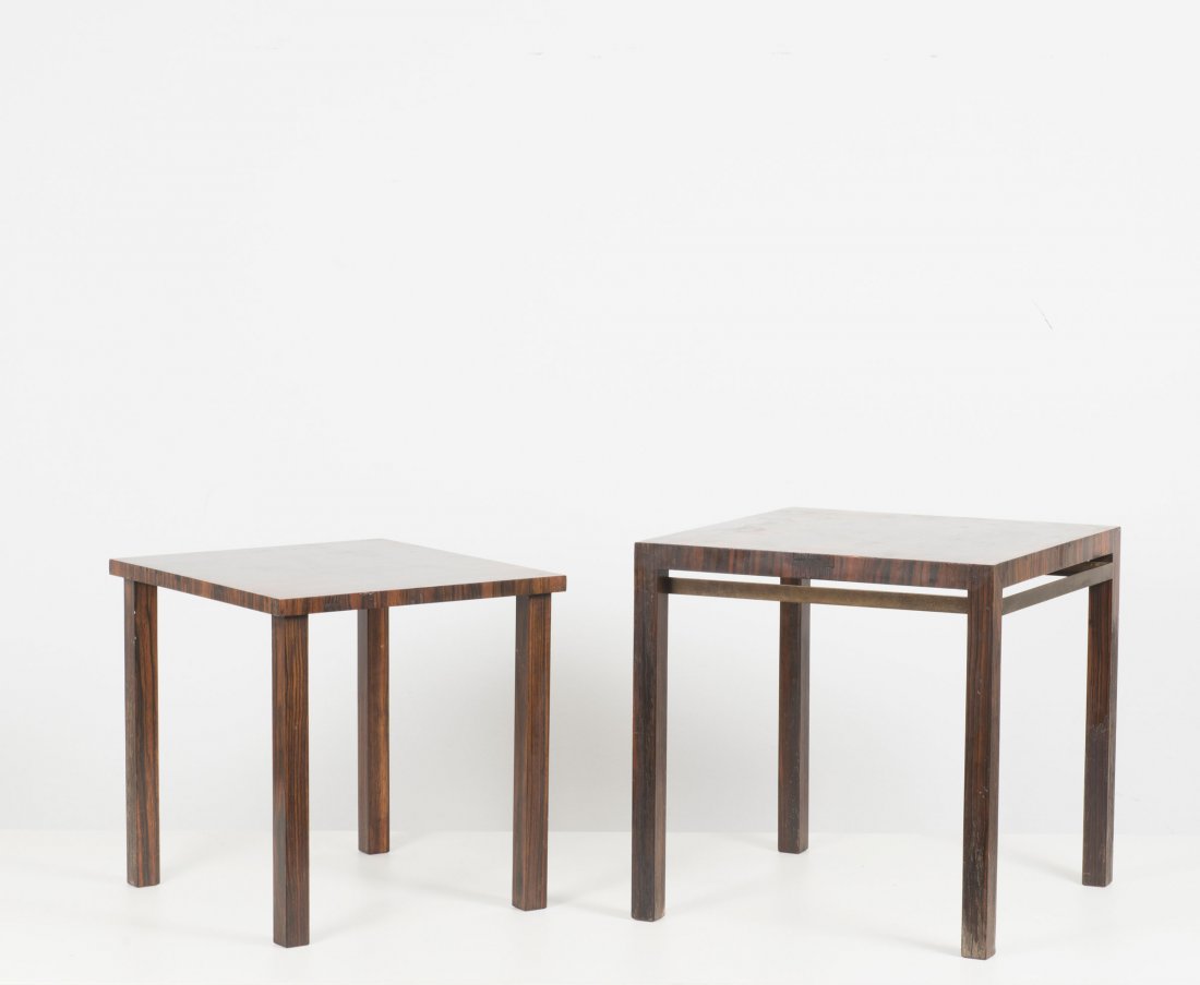Herbert Selldorf (attributed). Two nesting tables,: Herbert Selldorf (attributed). Two nesting tables, c1950. H. 45 x 45 x 45 cm; H. 40.3 x 44 x 38.3 cm. Made by Vica, Cologne. Blockboard, maccassar veneer, brass. Marked: VICA.