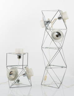 Felice Ragazzo. 'Poliedra' table and floor light, 1969.: Felice Ragazzo. 'Poliedra' table and floor light, 1969. H. 102 x 31 x 33 cm; H. 50 x 31 x 33 cm. Made by DH Guzzini, Milan. Chrome-plated steel rods, plastic (macralon).