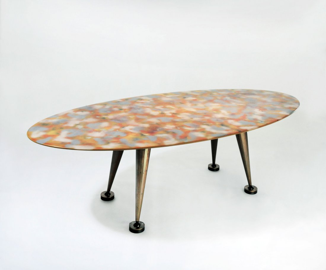 Unique 'Coral' table, 1992-2007: Jan Roth. Unique 'Coral' table, 1992-2007. H. 72 x 246 x 117 cm. Spray sanding technique on wood, epoxy resin, PU sealed. Sheet bronze legs, adjustable. Signed and dated 2013.