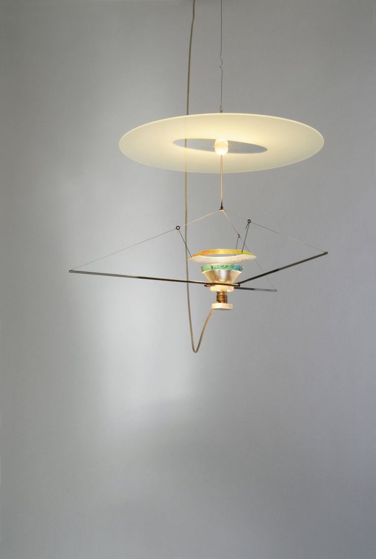 Unique ceiling light 'Ovalreflex', 2013: Jan Roth. Unique 'OVALREFLEX' ceiling light, 2013. H. 50 cm, B. 70 cm, D. 40 cm. Tubular metal, steel wire, sheet aluminium, plate glass. Spray-sanding technique. Signed and dated 2013.