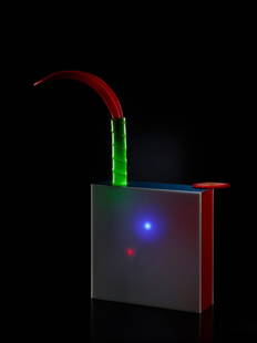 'Prosa der Klarsicht gegen Poesie der Einfalt': Stefan Wieland. 'Prosa der Klarsicht gegen Poesie der Einfalt' illuminated object, 2014. H. 40 x 7 x 36 cm. Acrylic glass, cherry leaf. Signed and dated.