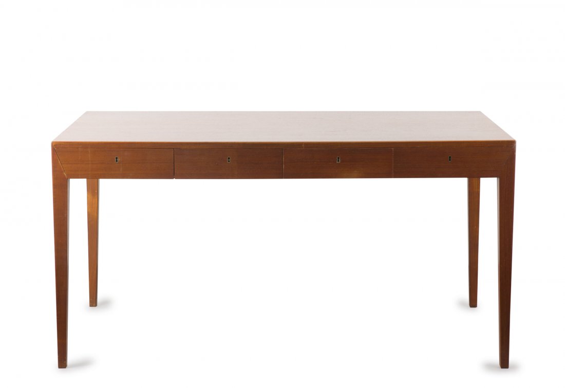 Writing desk, 1958: Severin Hansen. Writing desk, 1958. H. 73 x 143 x 75 cm. Made by Haslev MËbelsnedkeri, Haslev. Wooden construction, teak veneer, maple veneer inside.