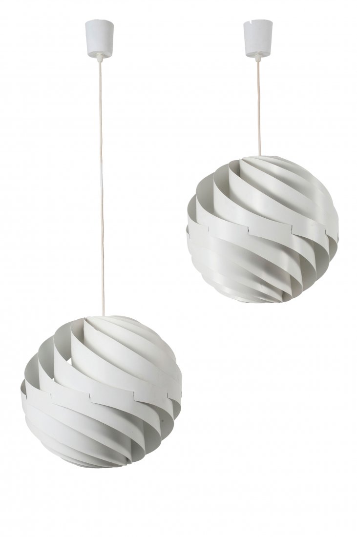 Two 'Turbo I' ceiling lights, 1965: Louis Weisdorf. Two 'Turbo I' ceiling lights, 1965. D. 35 cm. Made by Lyfa, Ballerup. Aluminium lamellae, painted white, original ceramic sockets. Marked: LYFA.