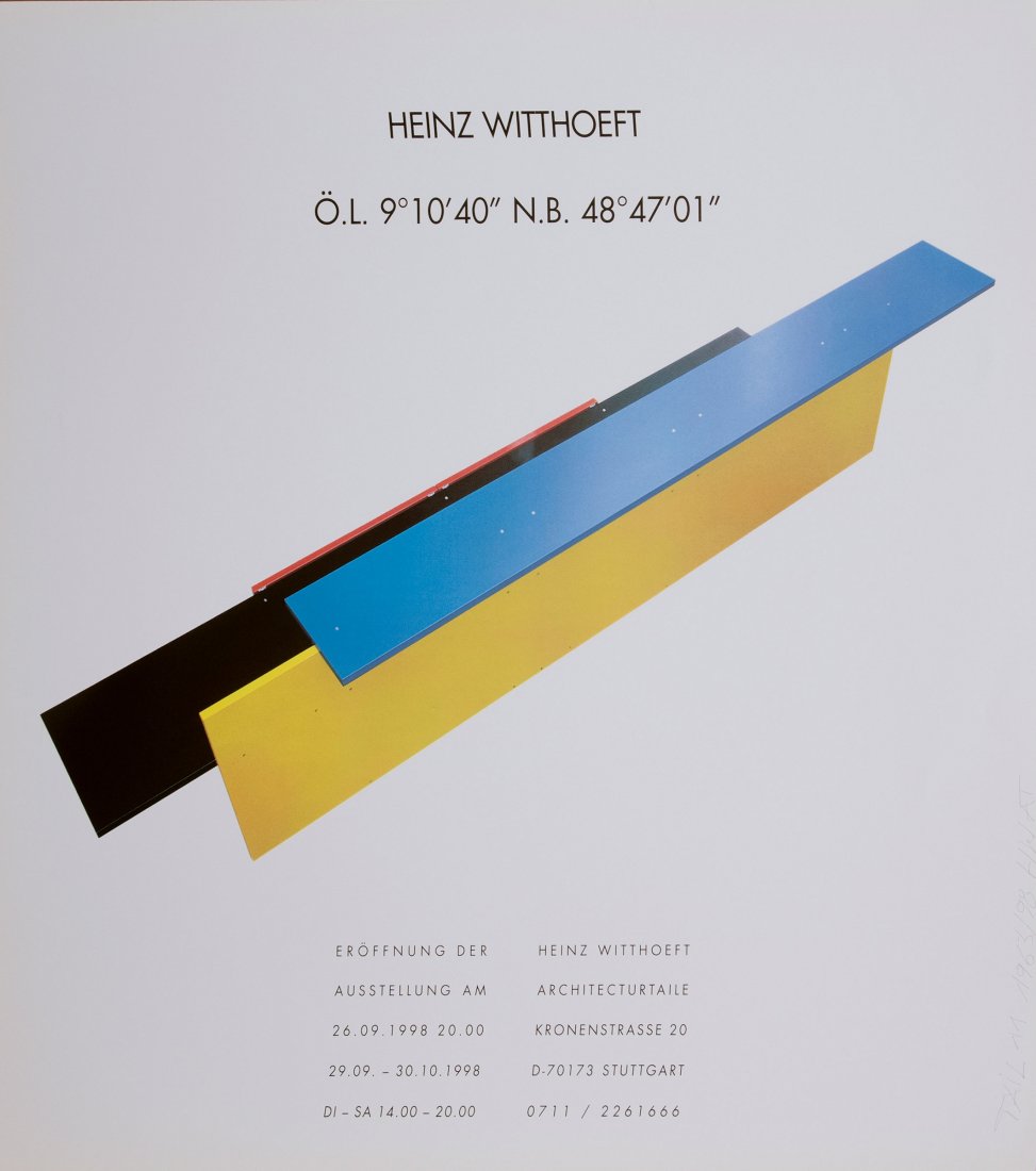 Poster for the exhibition 'Architekturtaile',: Heinz Witthoeft. Poster for the Exhibition 'Architekturtaile', Stuttgart 1998. Colour serigraph on laid paper. 79.0 x 79.0 cm. Monogrammed: HWAT, 1963/98, Tail 11 (pencil).