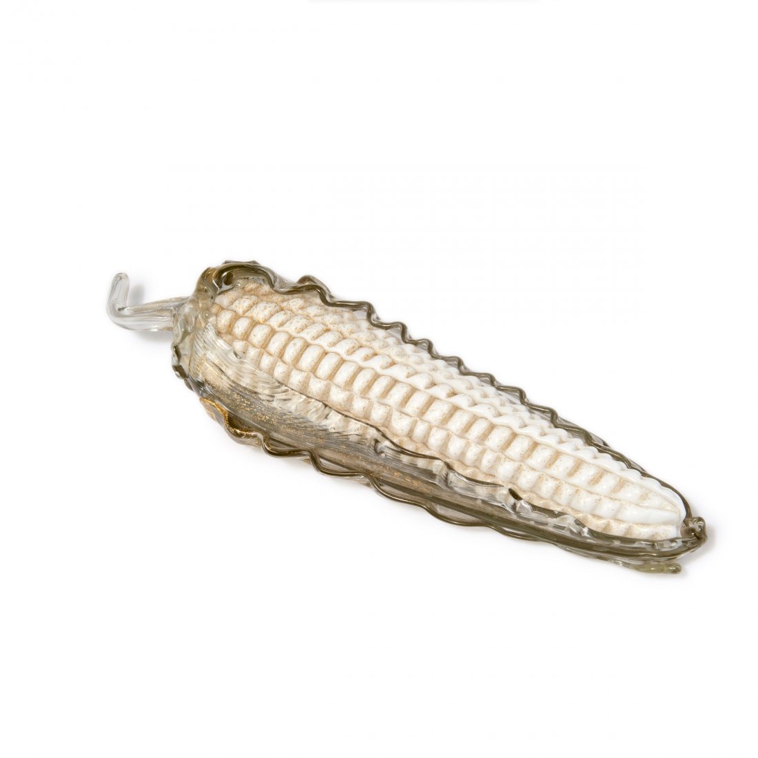 Corncob, c1926: Napoleone Martinuzzi. Corncob, c1926. L. 29 cm. Made by Venini & C. White glass gather, grey glass, fused burst gold foil.