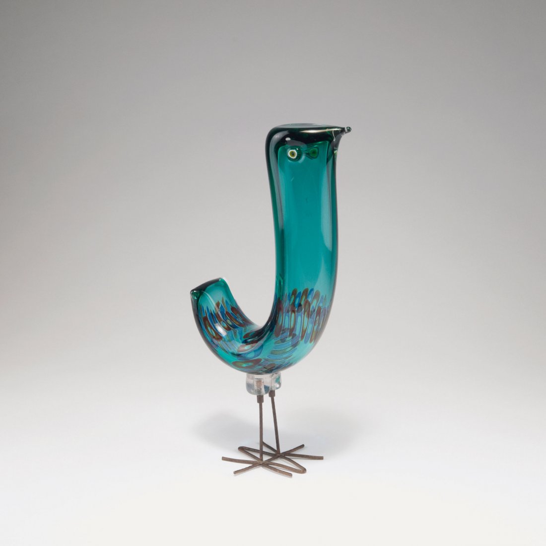 'Pulcino' bird, 1962: Alessandro Pianon. 'Pulcino' bird, 1962. H. 33 cm. Made by Vetreria Vistosi. Cased glass, clear and green, blue and red murrhines. Murrhines as eyes.