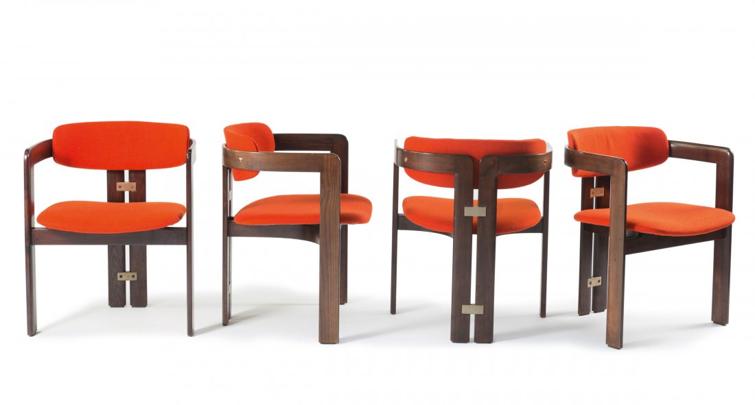 Four 'Pamplona' chairs, 1965: Augusto Savini. Four 'Pamplona' chairs, 1965. H. 70 x 56.5 x 50 cm. Made by Cesare & Eugenio Pozzi, Mariano Comense. Nutwood, alumnium, red woollen cover.