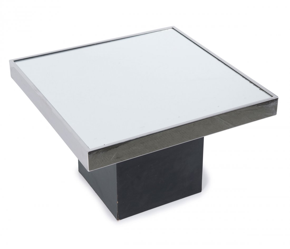 Coffee table, 1970s: Willy Rizzo (attributed). Coffee table, 1970s. H. 39 x 60 x 60 cm. Made by Cidue, Italy. Chrome-plated sheet steel, plate glass, chipboard, painted black. Marked: Maker's label.