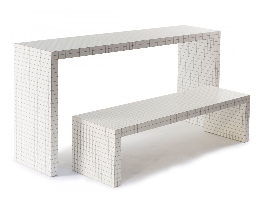 'Quaderna' bench and console, 1971: Superstudio. 'Quaderna' bench and console, 1971. Bench: H. 39 x 150 x 42 cm; console: H. 86.5 x 179.5 x 42 cm. Made by Zanotta, Nova Milanese. Plywood with black and white plastic lamination. Marked: