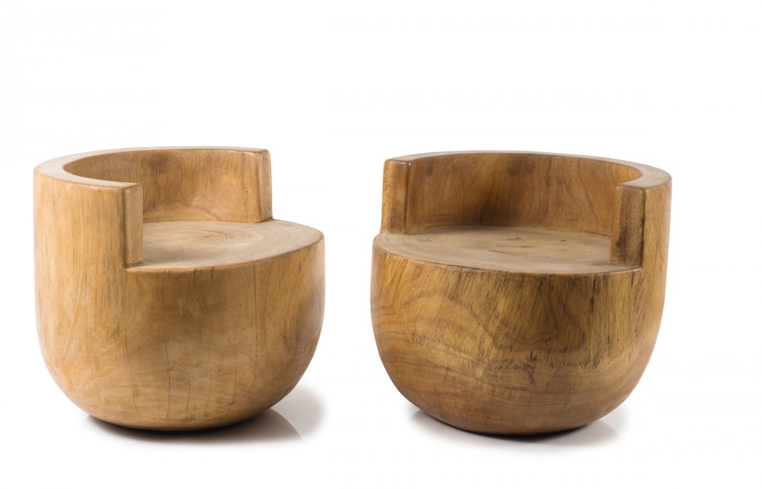 Two 'Ronda' chairs, 1996: Mauro Mori. Two 'Ronda' chairs, 1996. H. 51 cm, D. 60 cm. Made by Cappellini, Milan. Carved tree trunk. Albiziawood. Marked: Maker's stamp.