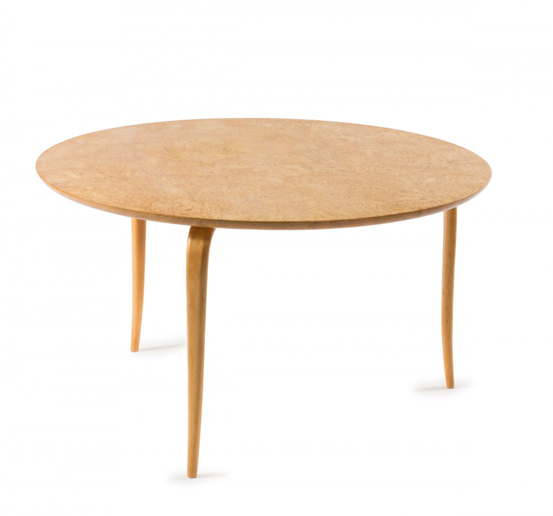 'Annika' table, 1936: Bruno Mathsson. 'Annika' table, 1936. H. 95 cm, D. 105 cm. Made by Carl Mathsson, Varnamo. Birch plywood, block board with birch veneer. Marked: Maker's brandmark.