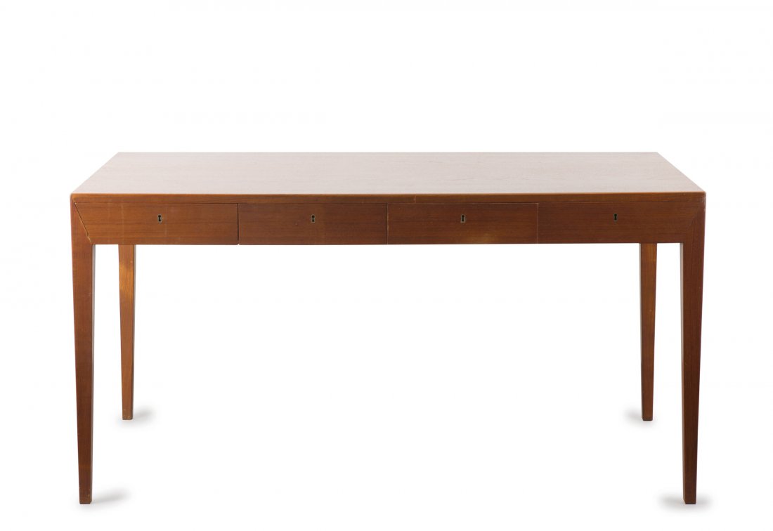 Writing desk, 1958: Severin Hansen. Writing desk, 1958. H. 73 x 143 x 75 cm. Made by Haslev MÀbelsnedkeri, Haslev. Wooden construction, teak veneer, maple veneer inside.
