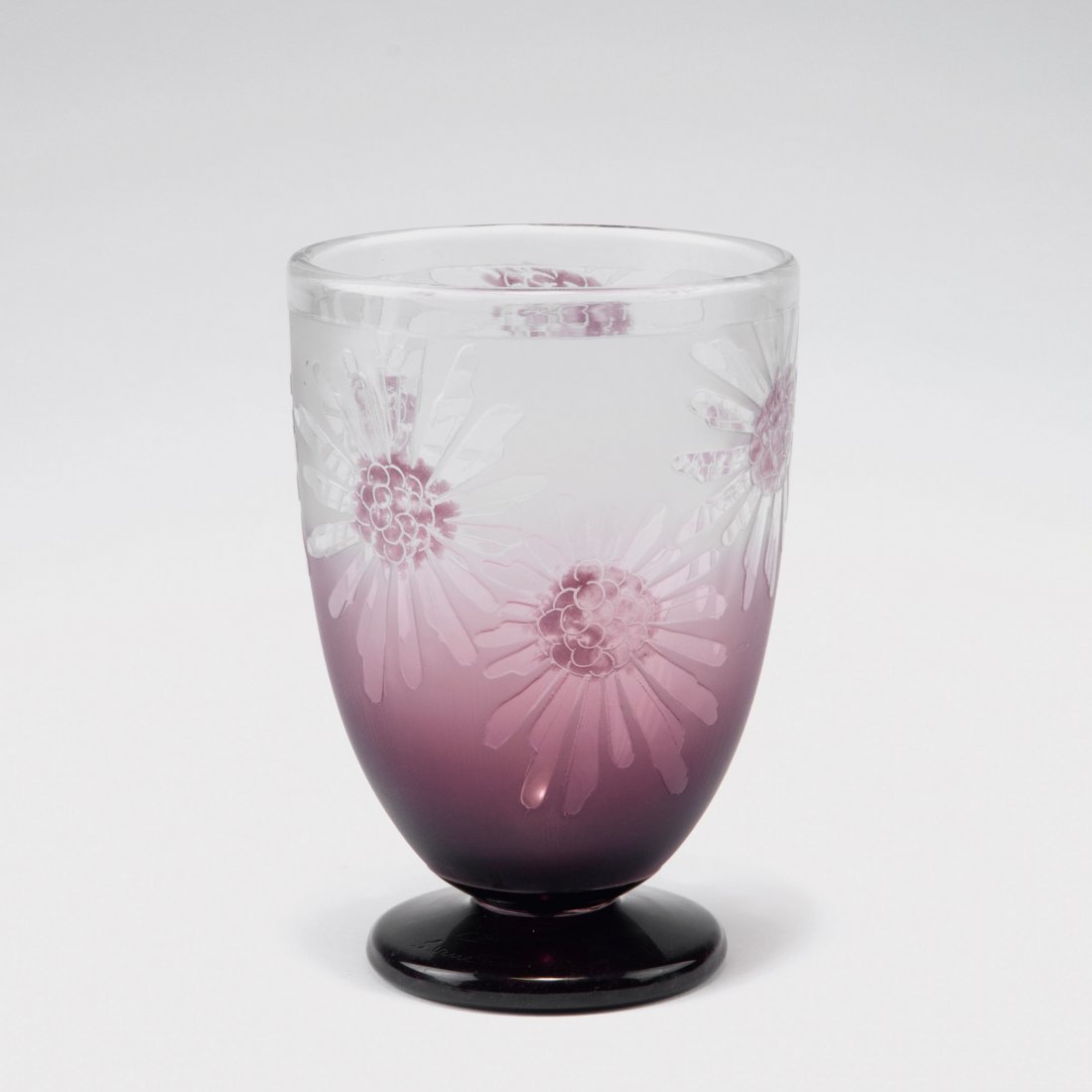 Vase, 1929-33: Schneider, Epinay-sur-Seine. Vase, 1929-33. H. 16.3 cm. Cased glass, clear/purple. Multiply etched pattern with stylized flowers. Signed: Charder le Verre Francais.