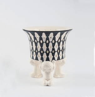 Centrepiece, c1910: Michael Powolny. Centrepiece, c1910. H. 22 cm, D. 21 cm. Made by Vereinigte Wiener und Gmundner Keramik. Earthenware, glazed white and black. Marked: Maker's marks, 278.