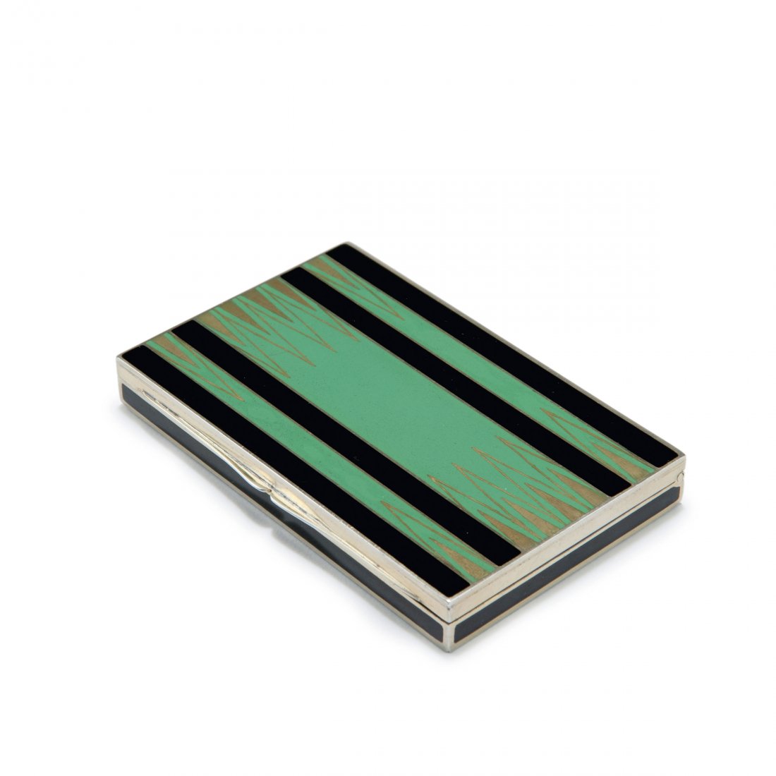 Case, c1925: Germany. Case, c1925. 5.8 x 8.7 cm. Gilded silver, green and black enamel. Marked: German hallmarks 935, KA (prob. Karl Andersson, Stockholm), further marking, Swedish import punch, datemark Z7 (1926)